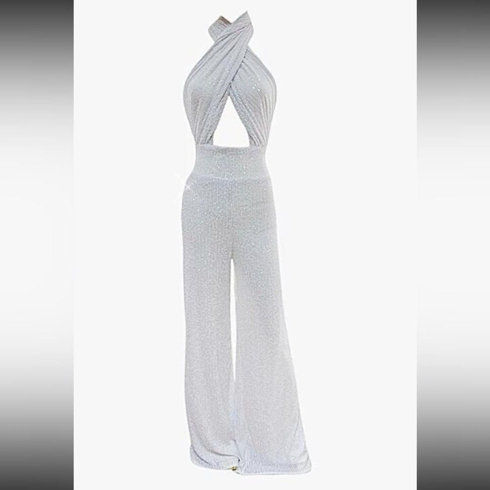 NWT Custom made white sequin halter neck cross front wide leg jumpsuit Size 12